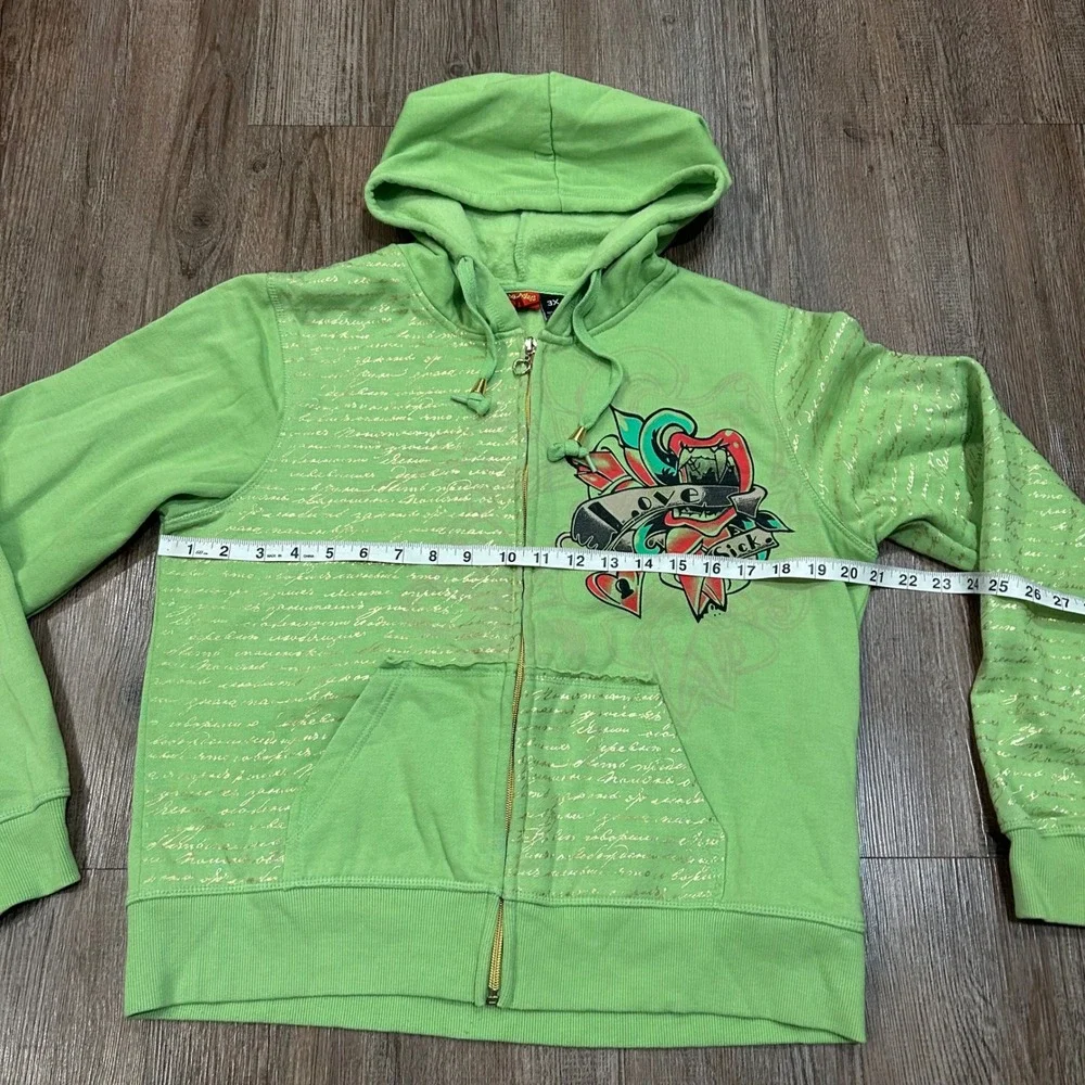 Y2K Cyber Grunge Lime Green Zip Up Ed Hardy Style Love Sick Size - Picture 3 of 6